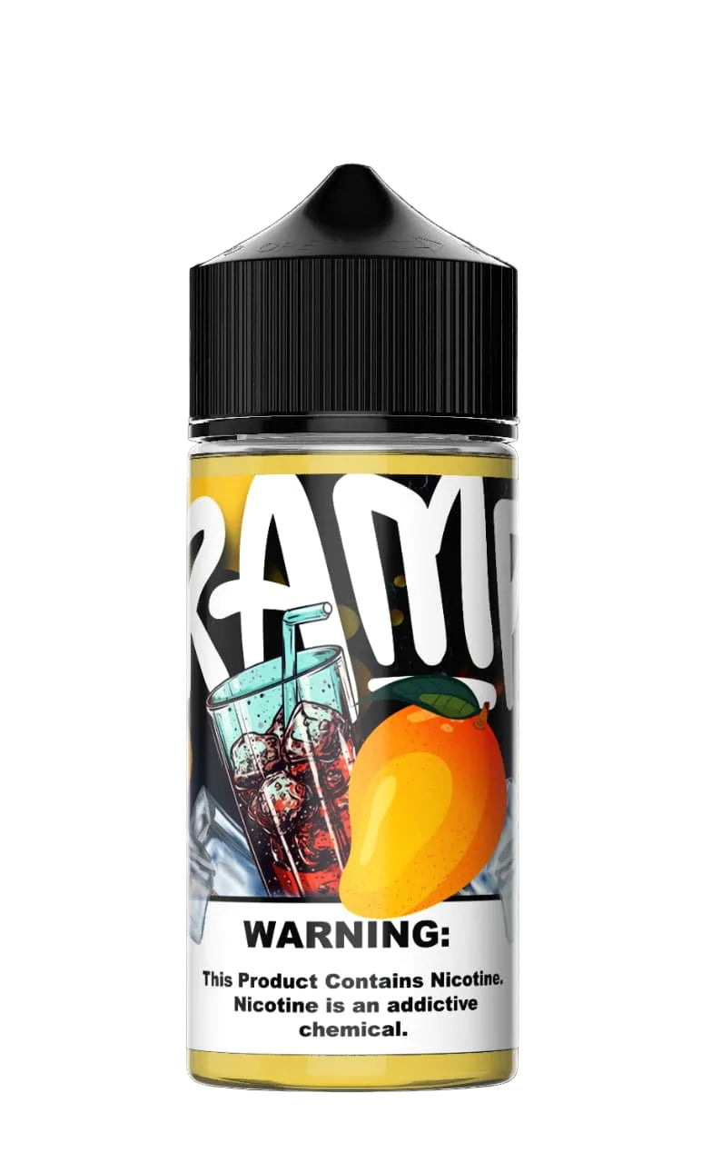Vape juice bottle with 'RAM' branding and an orange flavor indication on a black background