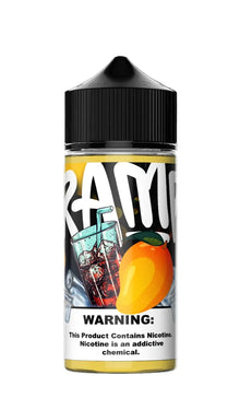 Vape juice bottle with 'RAM' branding and an orange flavor indication on a black background
