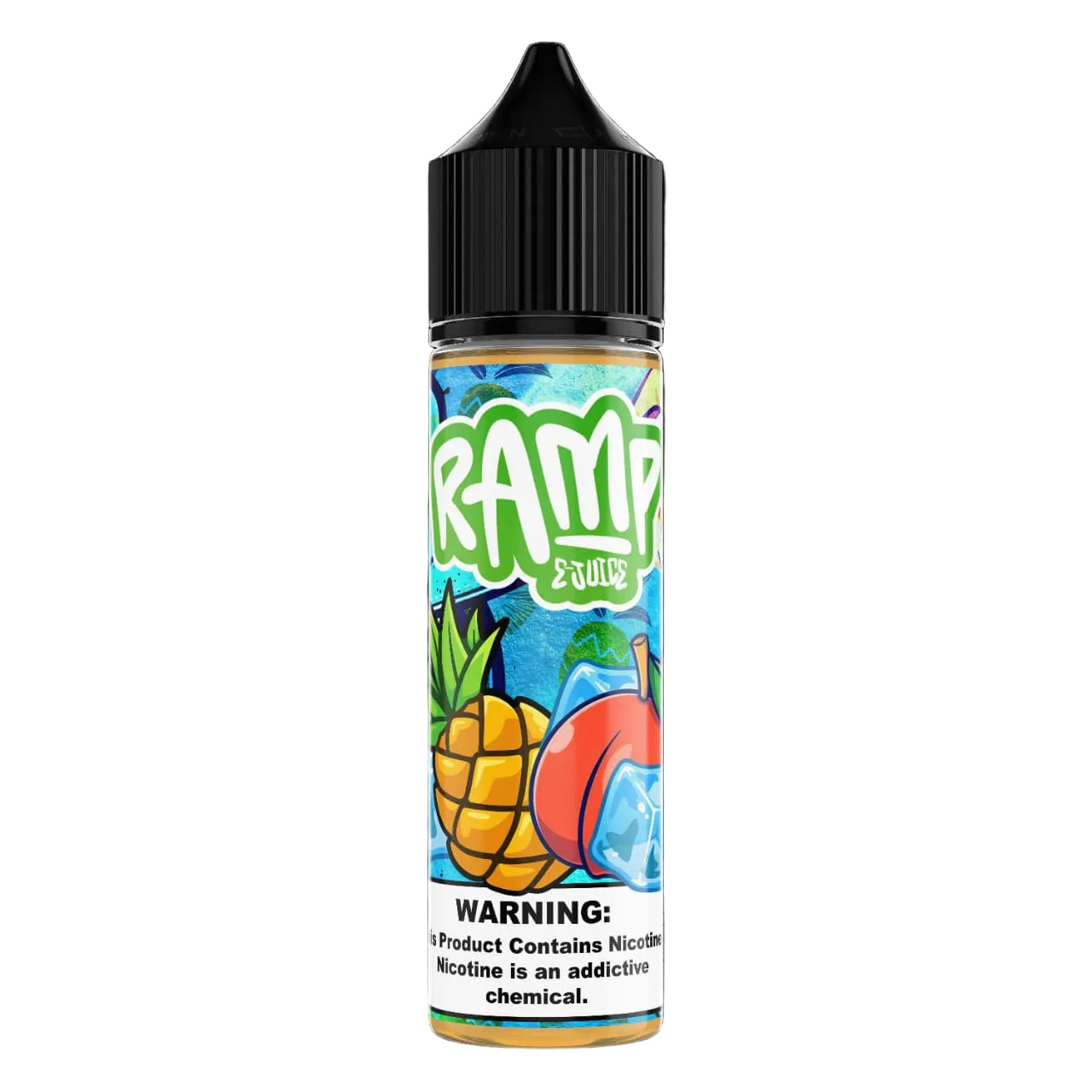 Vape juice bottle with colorful label featuring fruits and 'RAM' branding on a black background.
