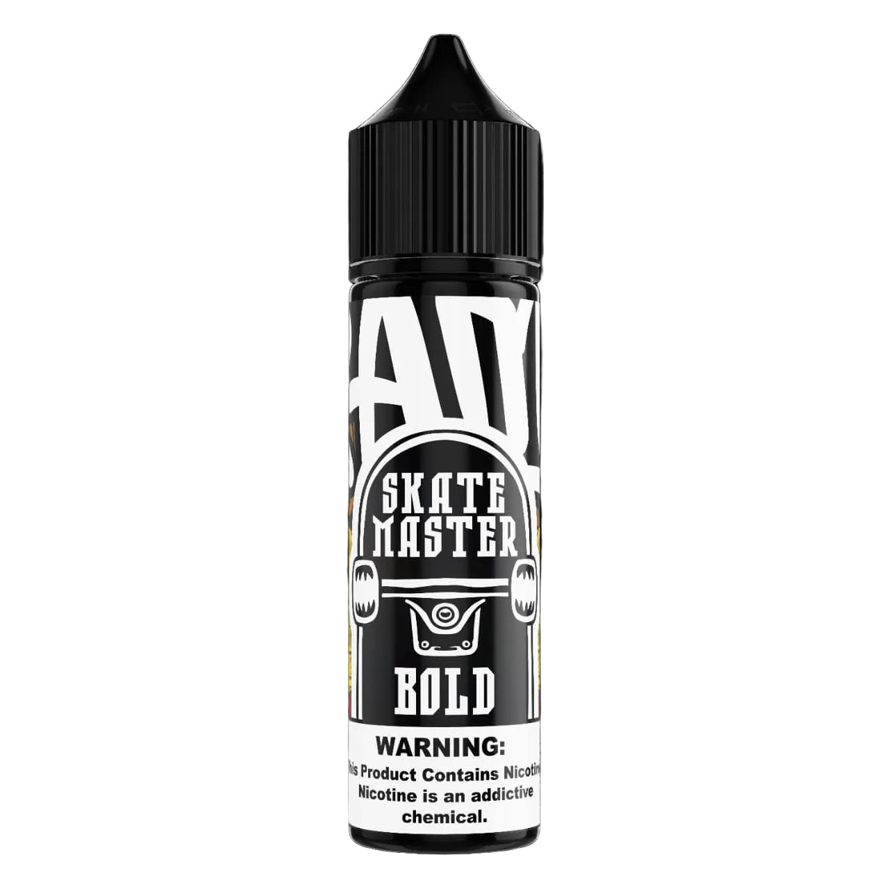 Vape juice bottle labeled 'Skate Master Bold' with black and white design on a black background