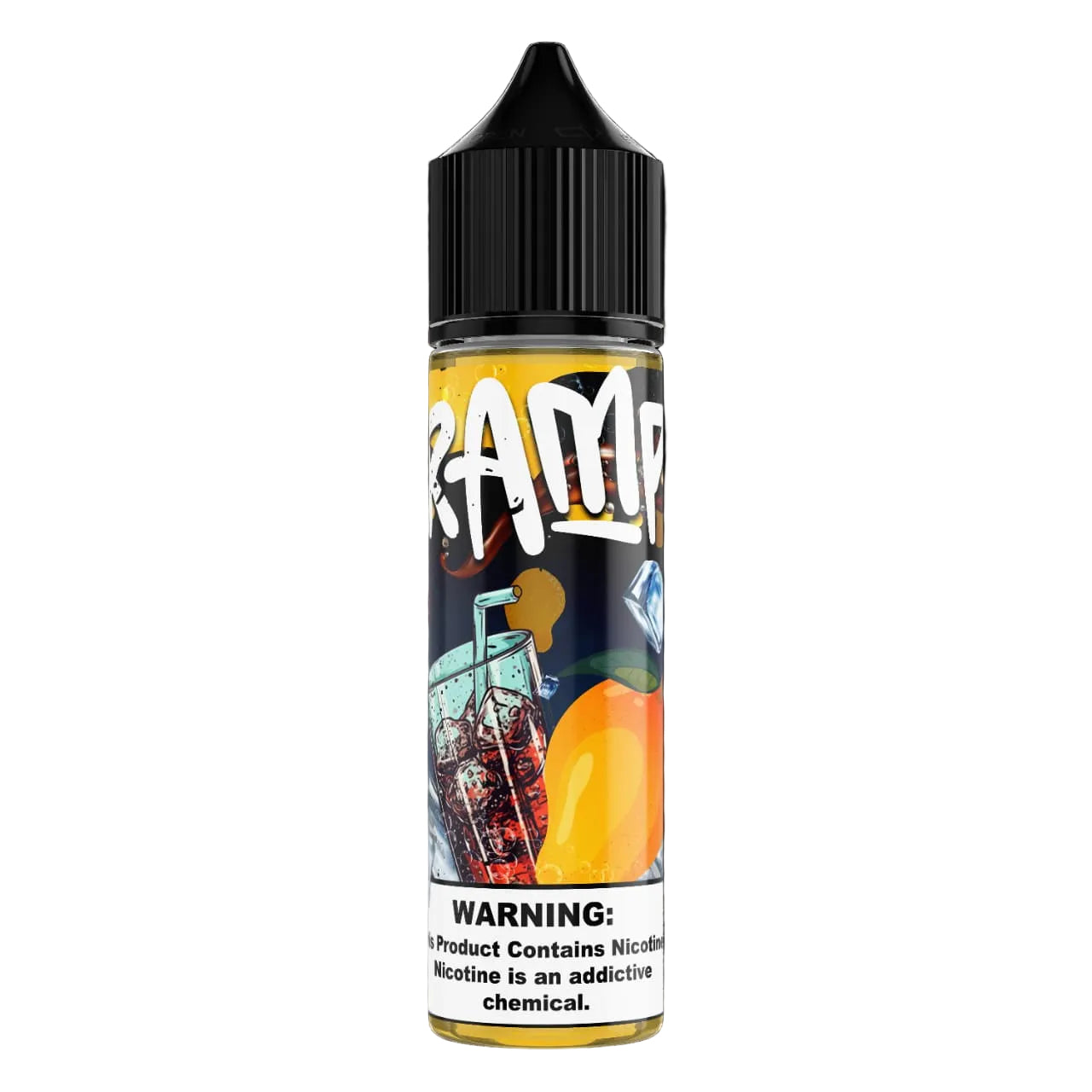 Vape juice bottle with colorful label featuring a drink illustration on a black background