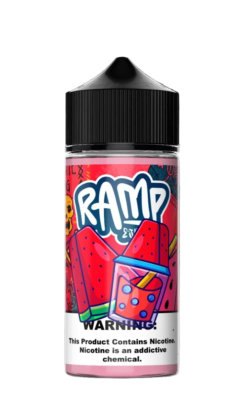 Vape juice bottle with colorful label featuring the brand 'Ramp' on a black background.