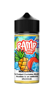 Vape juice bottle with colorful label featuring 'Ramp' brand on a black background