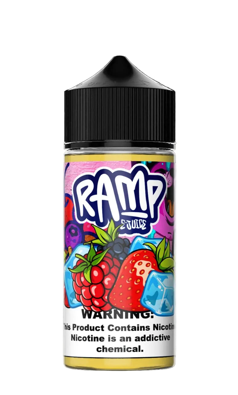 Vape juice bottle with colorful label featuring strawberries and blueberries on a black background