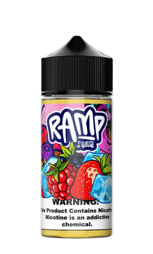 Vape juice bottle with colorful label featuring strawberries and blueberries on a black background