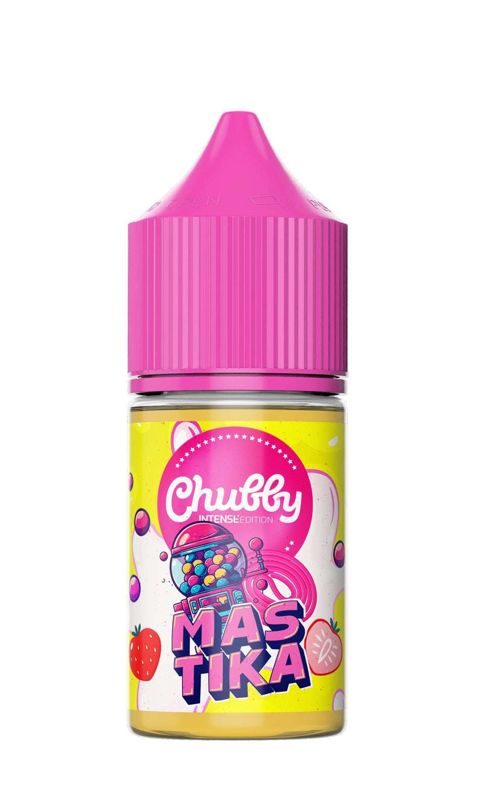 Chubby Gorilla Masticak vape juice bottle with pink cap on a white background