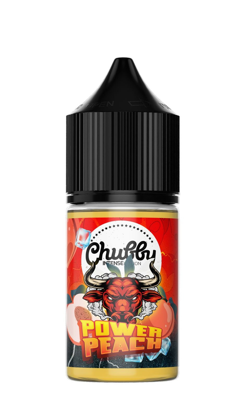 Chubby Gorilla Power Peach vape juice bottle on a white background