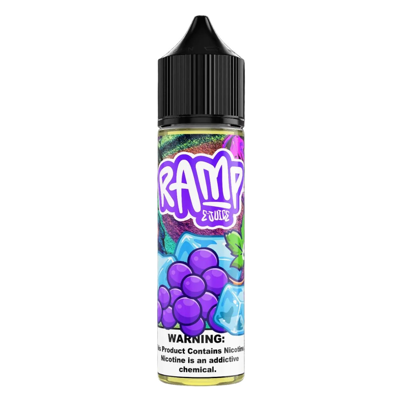 Vape juice bottle with colorful label on a white background