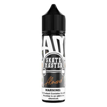 Vape juice bottle labeled 'Skate Master Almond' with warning text on a black background