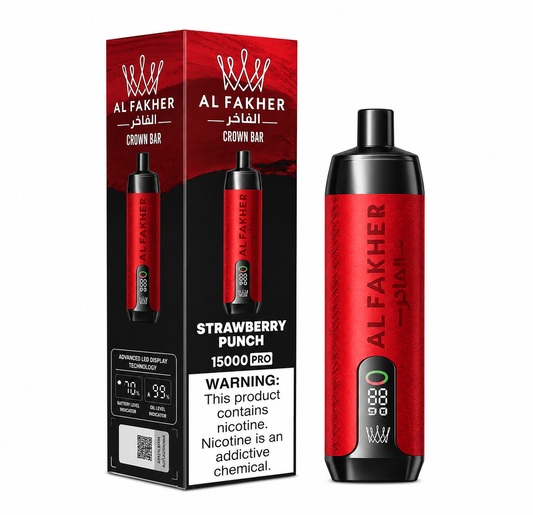 AL FAKHER Crown Bar Pro 15K disposable vape with Strawberry Punch flavor, featuring a sleek design and 15,000 puffs.