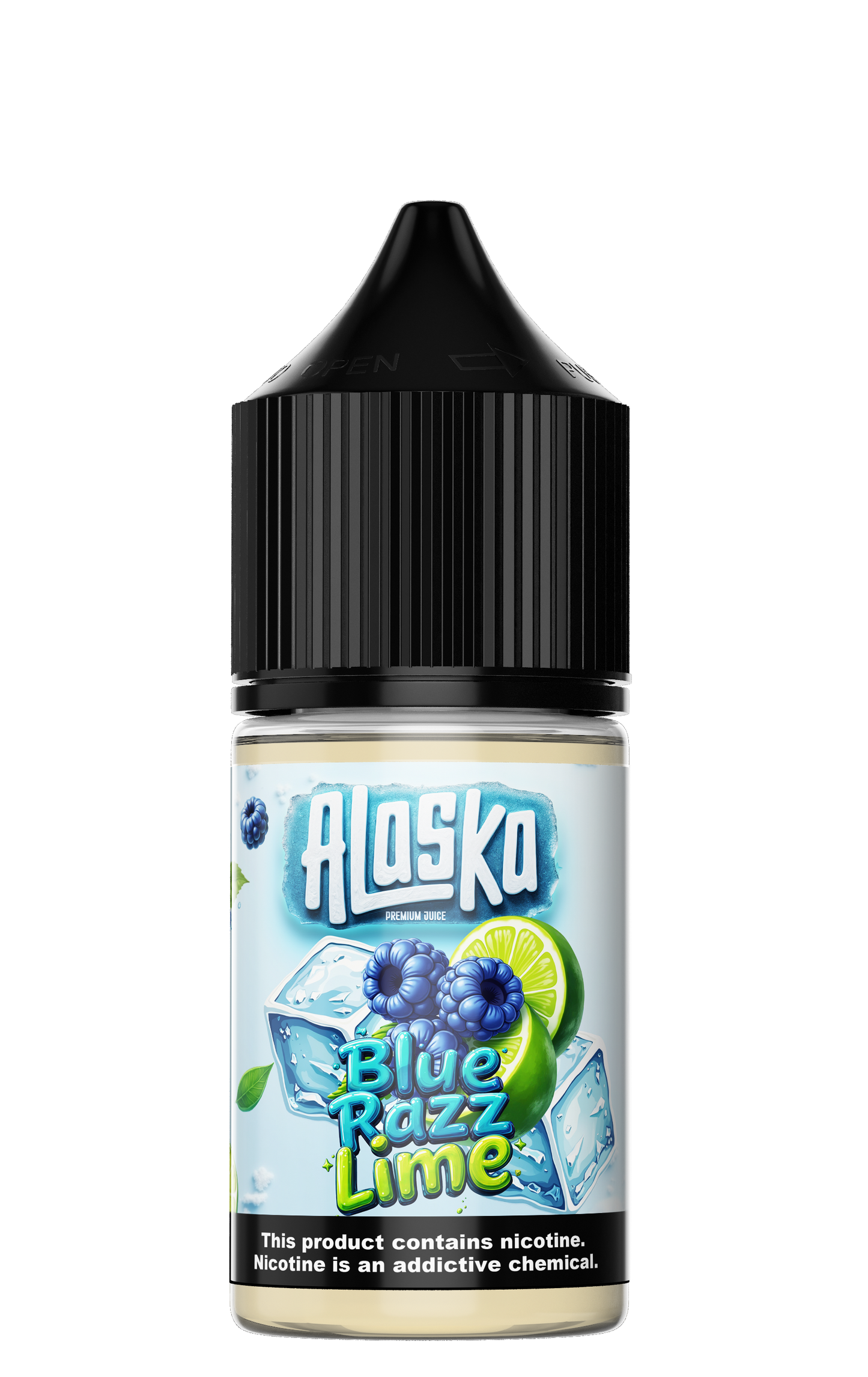 Alaska Blue Razz Lime salt e-liquid bottle with label, 30ml size, for vaping, featuring blue raspberry and lime flavor.