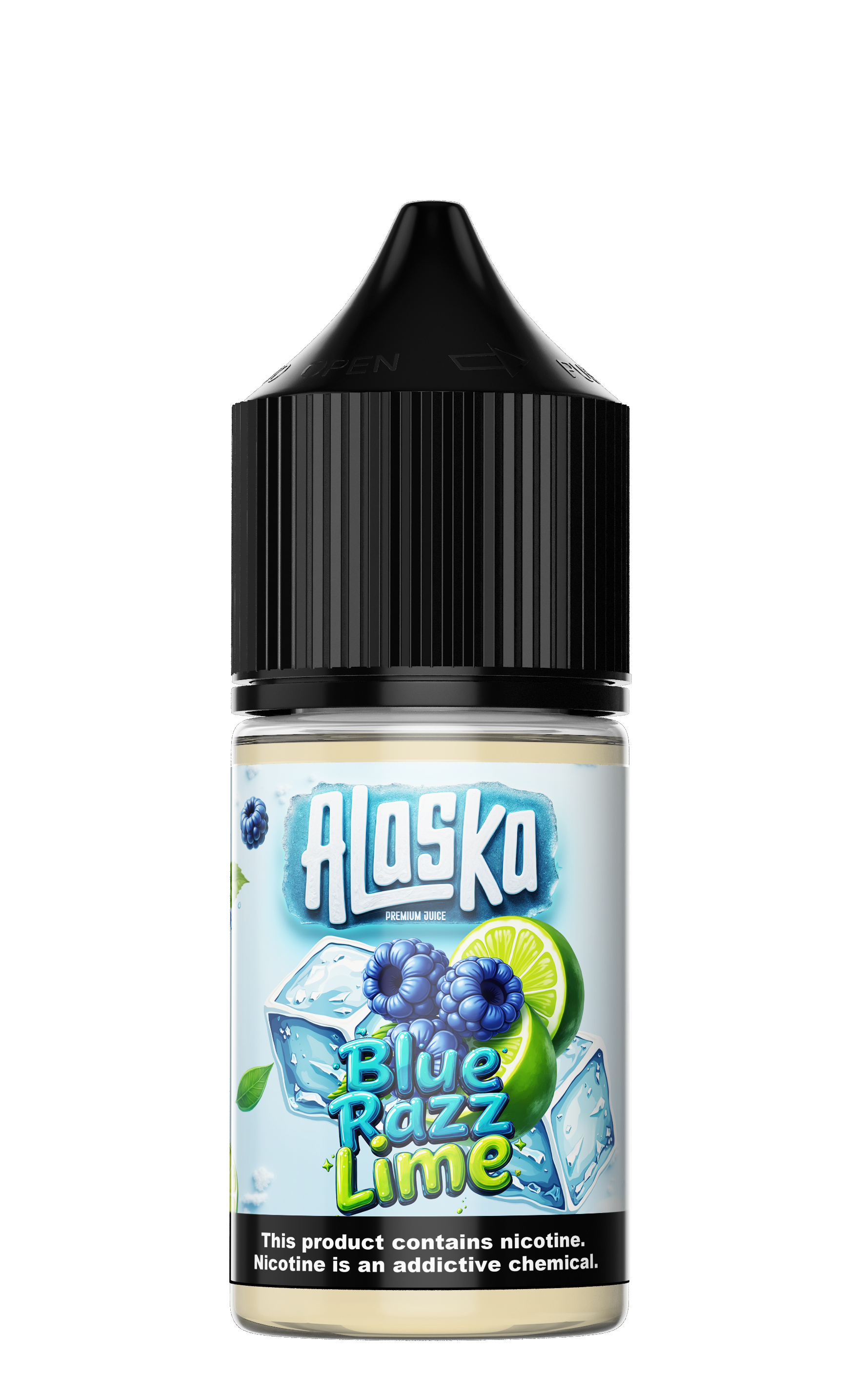 Alaska Blue Razz Lime salt e-liquid bottle with label, 30ml size, for vaping, featuring blue raspberry and lime flavor.