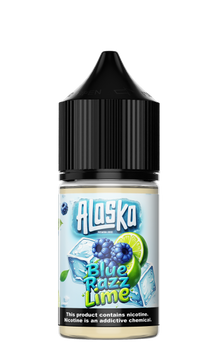 Alaska Blue Razz Lime salt e-liquid bottle with label, 30ml size, for vaping, featuring blue raspberry and lime flavor.