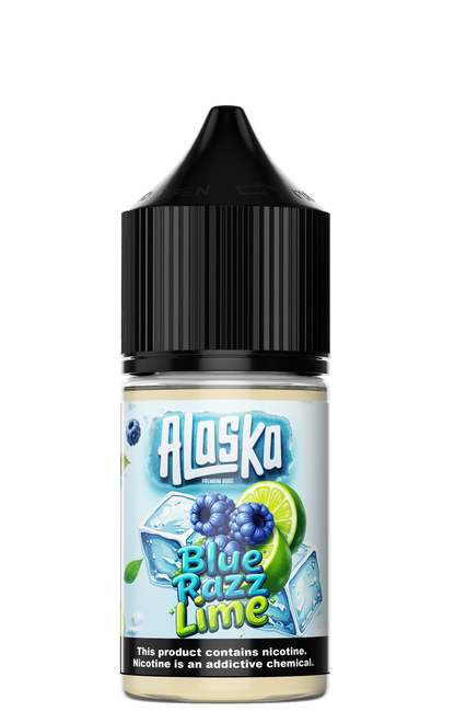 Alaska Blue Razz Lime salt e-liquid bottle with label, 30ml size, for vaping, featuring blue raspberry and lime flavor.