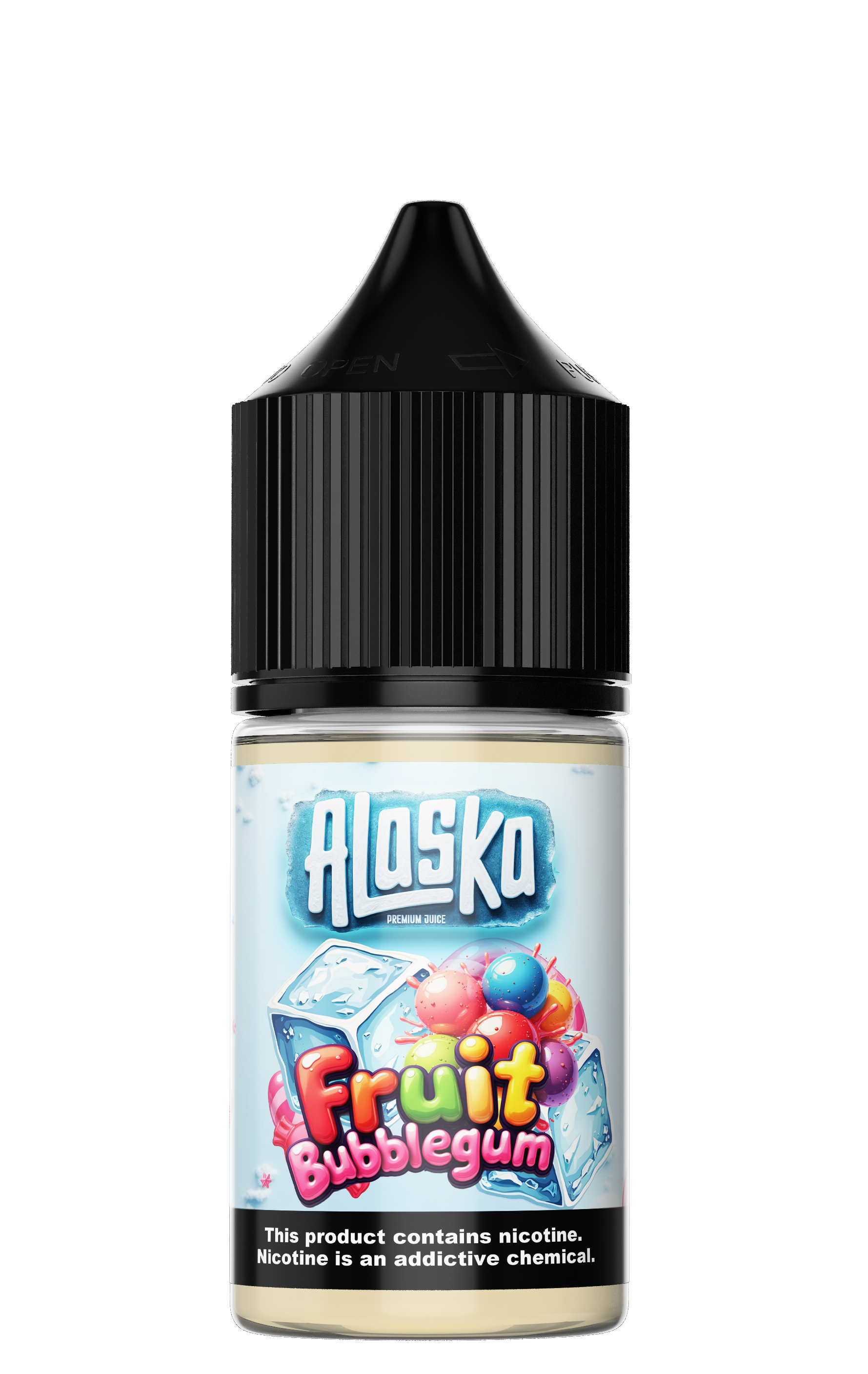 Alaska Fruit Bubblegum Salt E-liquid bottle with 30ml size and 30mg nicotine strength, featuring colorful fruit and bubblegum flavor.