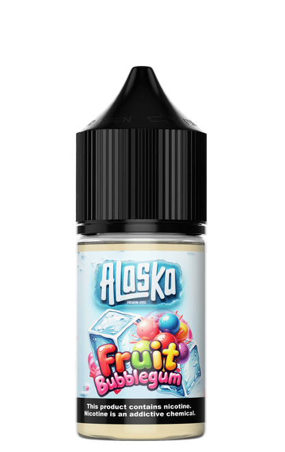 Alaska Fruit Bubblegum Salt E-liquid bottle with 30ml size and 30mg nicotine strength, featuring colorful fruit and bubblegum flavor.