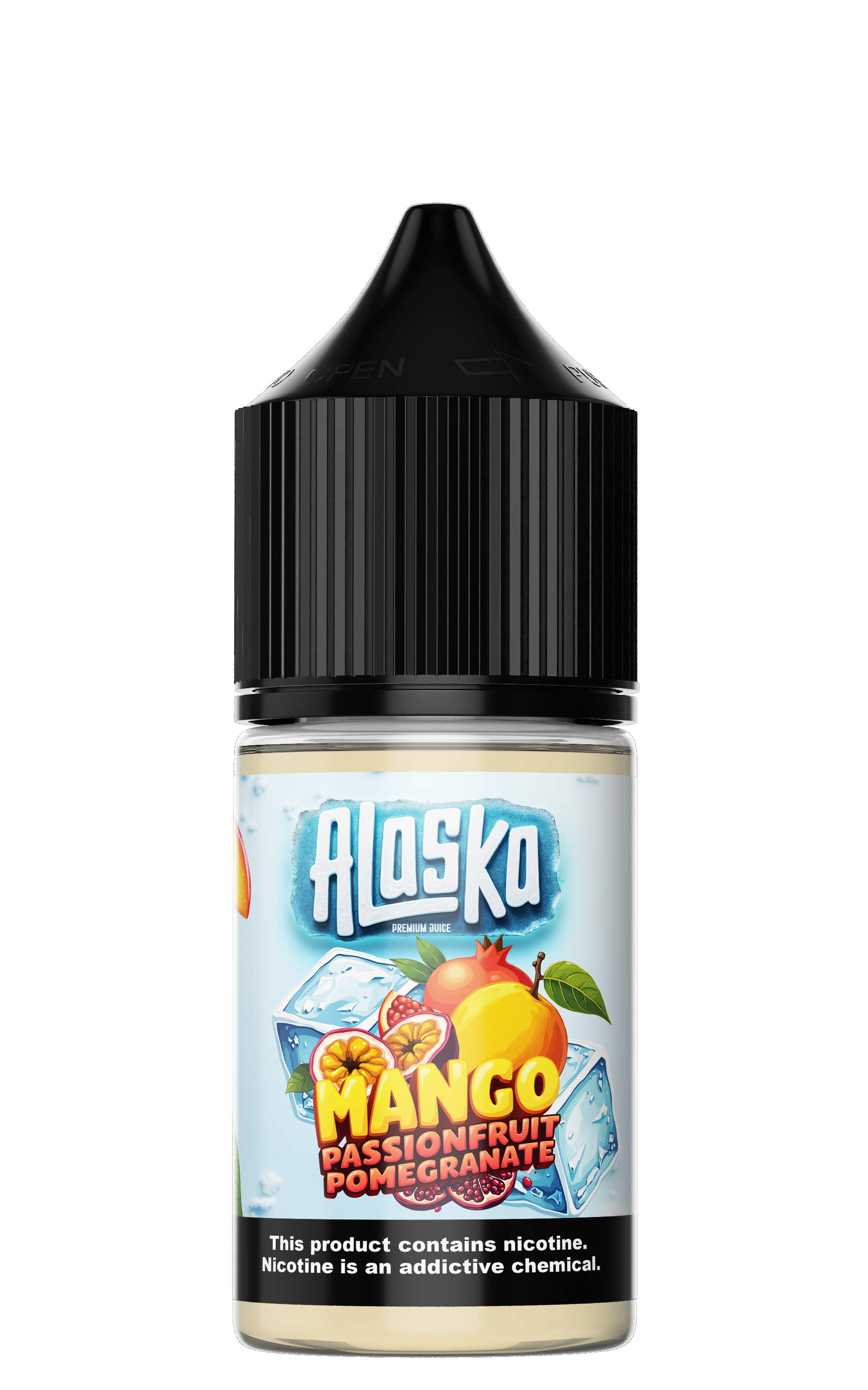 ALASKA Mango Passionfruit Pomegranate Salt E-Liquid bottle with 30ml size and 30mg nicotine, featuring tropical fruit flavor profile.