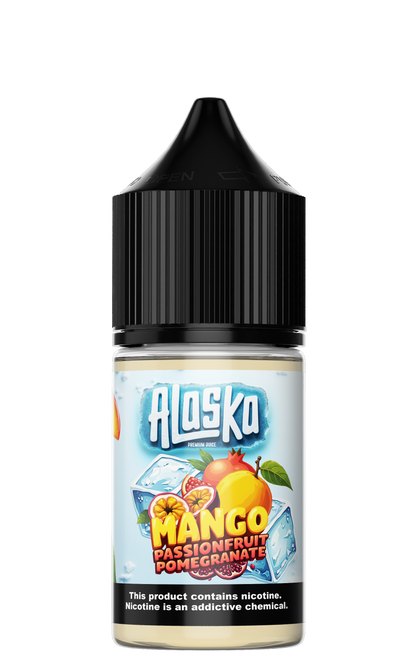 ALASKA Mango Passionfruit Pomegranate Salt E-Liquid bottle with 30ml size and 30mg nicotine, featuring tropical fruit flavor profile.
