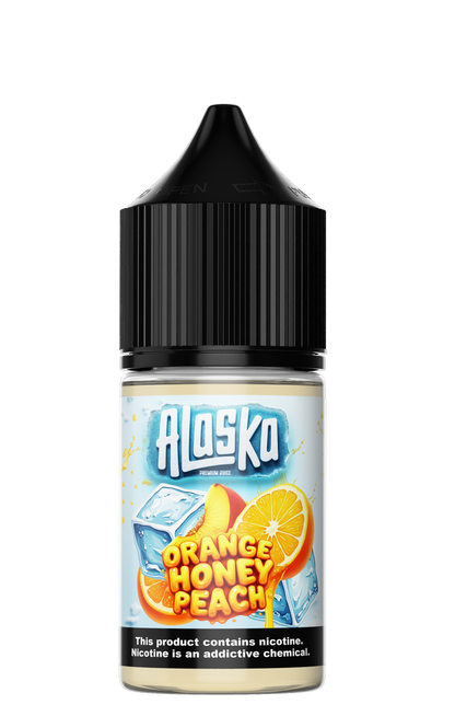 Alaska Orange Honey Beach Salt e-liquid bottle showing orange honey flavor with salt nicotine, 30ml size, branded by Alaska.