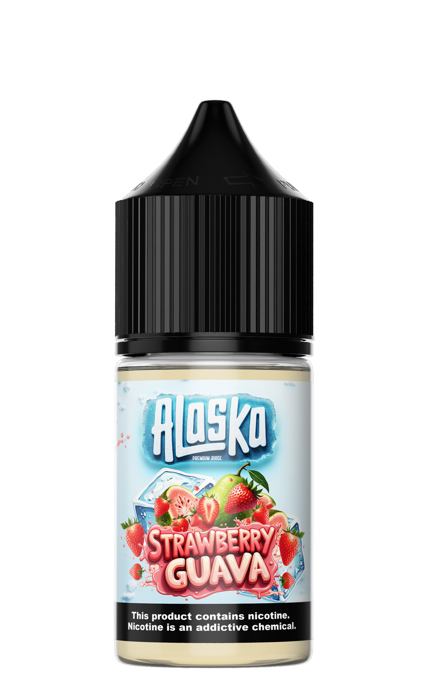 ALASKA Strawberry Guava Salt E-Liquid bottle, 30ml with 30mg nicotine, featuring a colorful label and strawberry and guava flavor graphics.