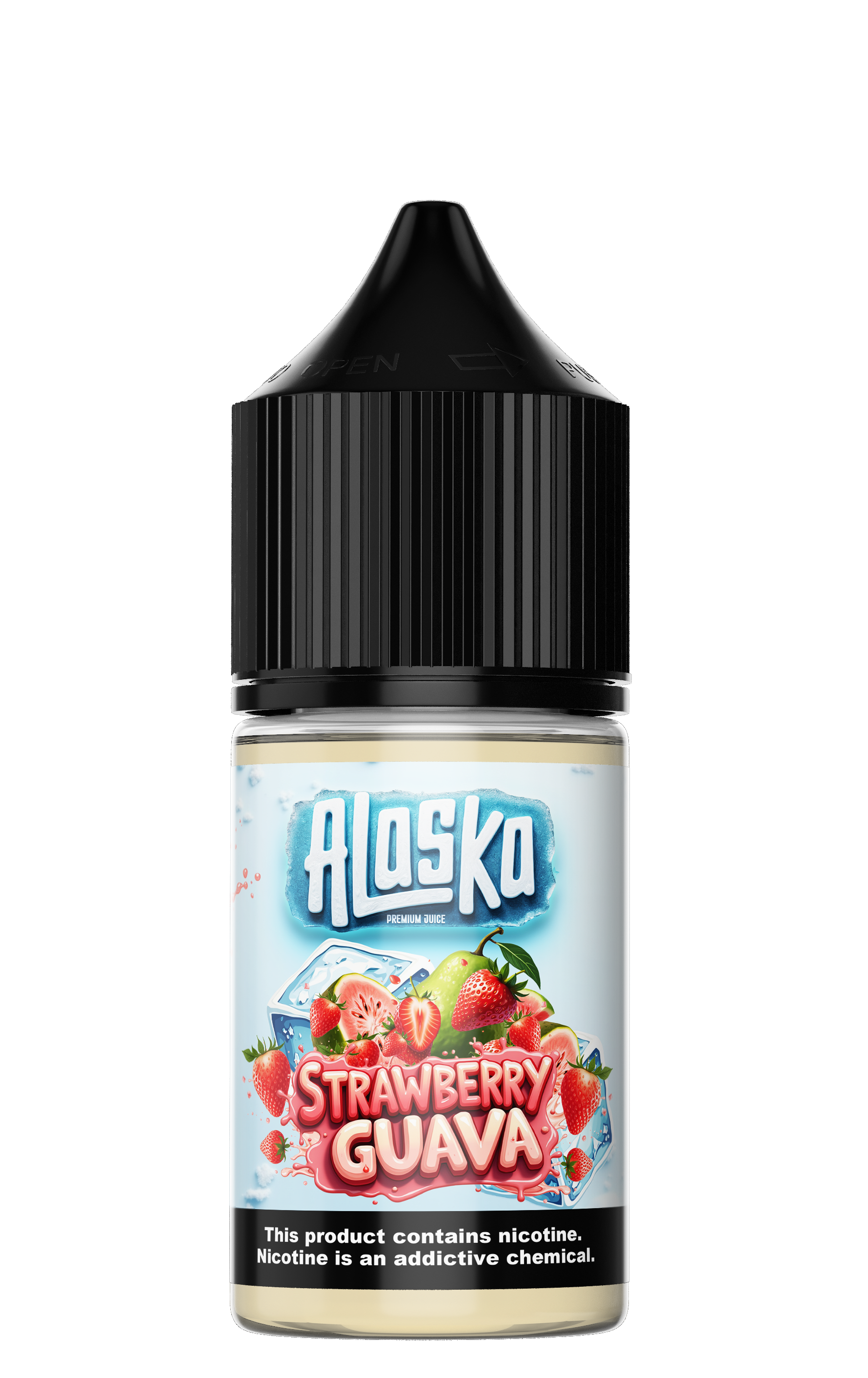 ALASKA Strawberry Guava Salt E-Liquid bottle, 30ml with 30mg nicotine, featuring a colorful label and strawberry and guava flavor graphics.