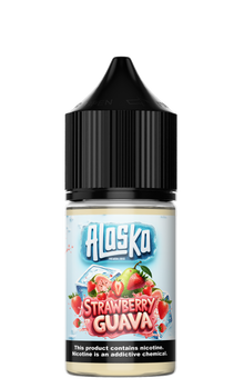ALASKA Strawberry Guava Salt E-Liquid bottle, 30ml with 30mg nicotine, featuring a colorful label and strawberry and guava flavor graphics.