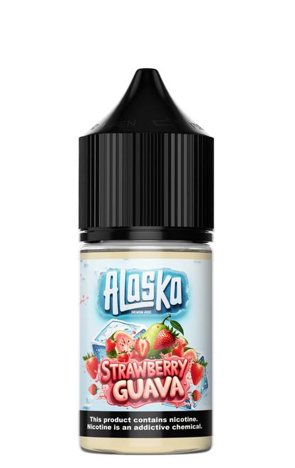 ALASKA Strawberry Guava Salt E-Liquid bottle, 30ml with 30mg nicotine, featuring a colorful label and strawberry and guava flavor graphics.