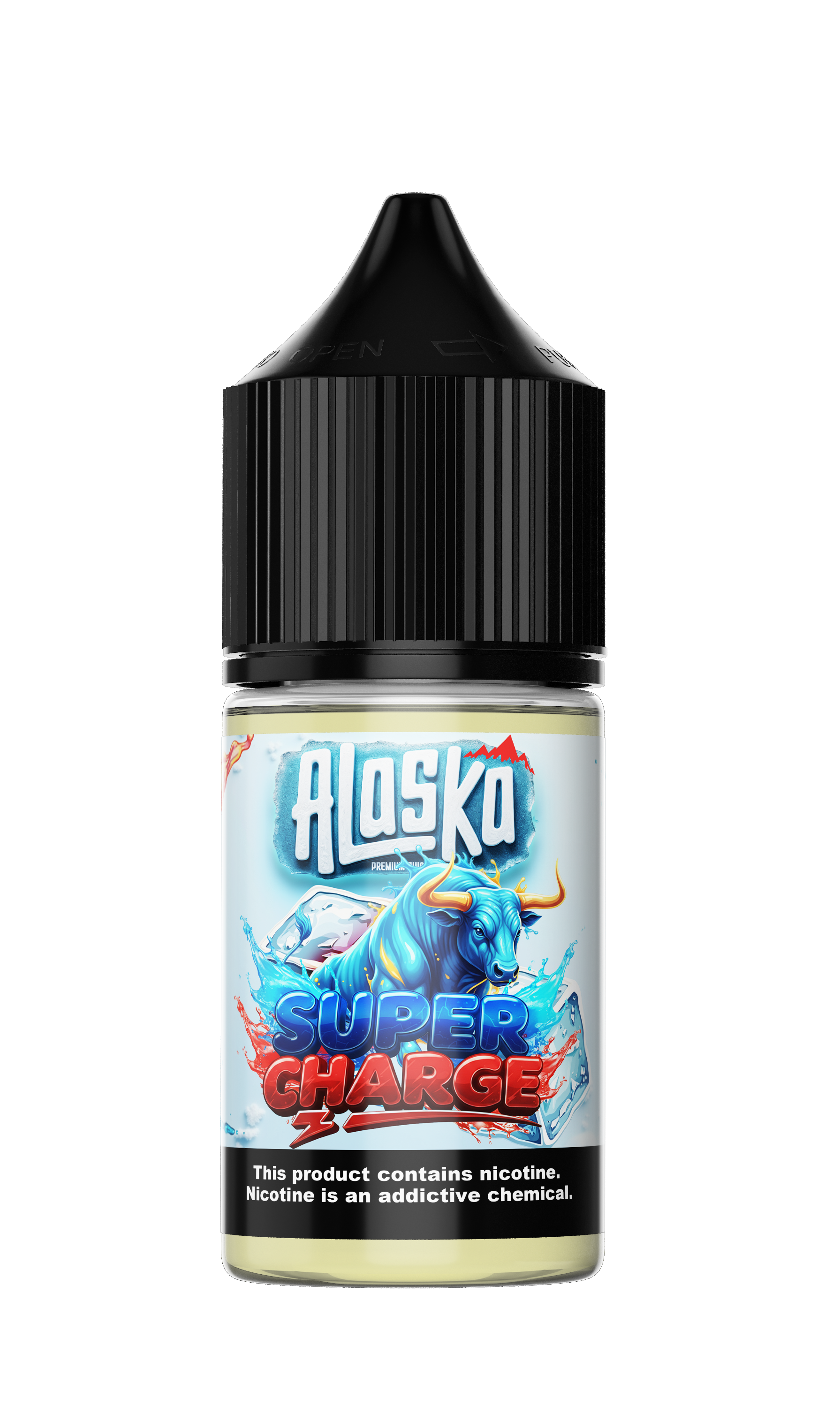 Alaska Super Charge Salt E-Liquid bottle with 30ml size and 30mg nicotine, featuring sleek packaging and branding.