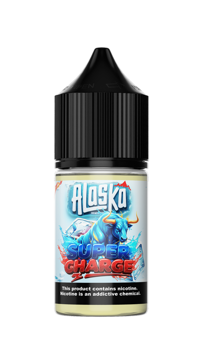 Alaska Super Charge Salt E-Liquid bottle with 30ml size and 30mg nicotine, featuring sleek packaging and branding.