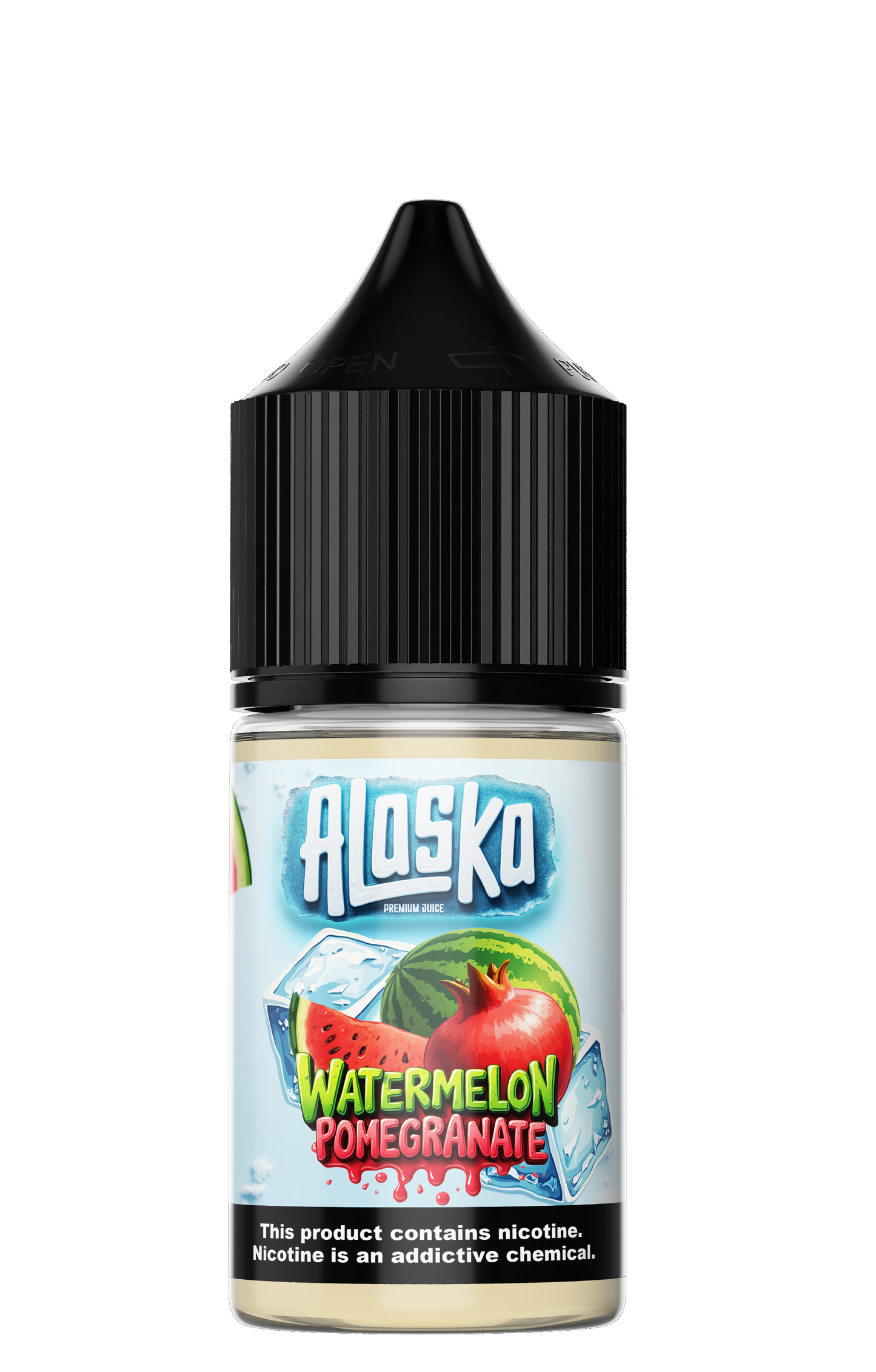 ALASKA Watermelon Pomegranate Salt E-Liquid bottle, 30ml, 30mg nicotine, vibrant watermelon and pomegranate flavor.