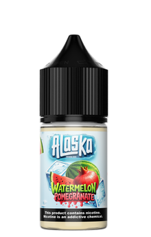 ALASKA Watermelon Pomegranate Salt E-Liquid bottle, 30ml, 30mg nicotine, vibrant watermelon and pomegranate flavor.
