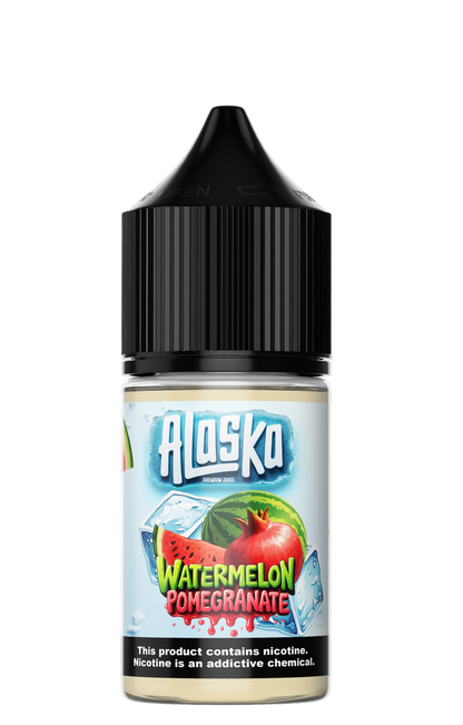 ALASKA Watermelon Pomegranate Salt E-Liquid bottle, 30ml, 30mg nicotine, vibrant watermelon and pomegranate flavor.