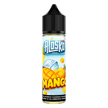 Alaska Mango DL E-Liquid bottle showing 60ml size and label with vibrant mango imagery and branding.
