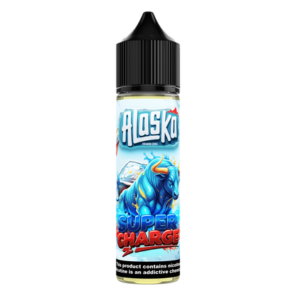 Alaska Super Charge DL E-Liquid bottle with 60ml size and 3mg salt nicotine, featuring colorful branding and label details.
