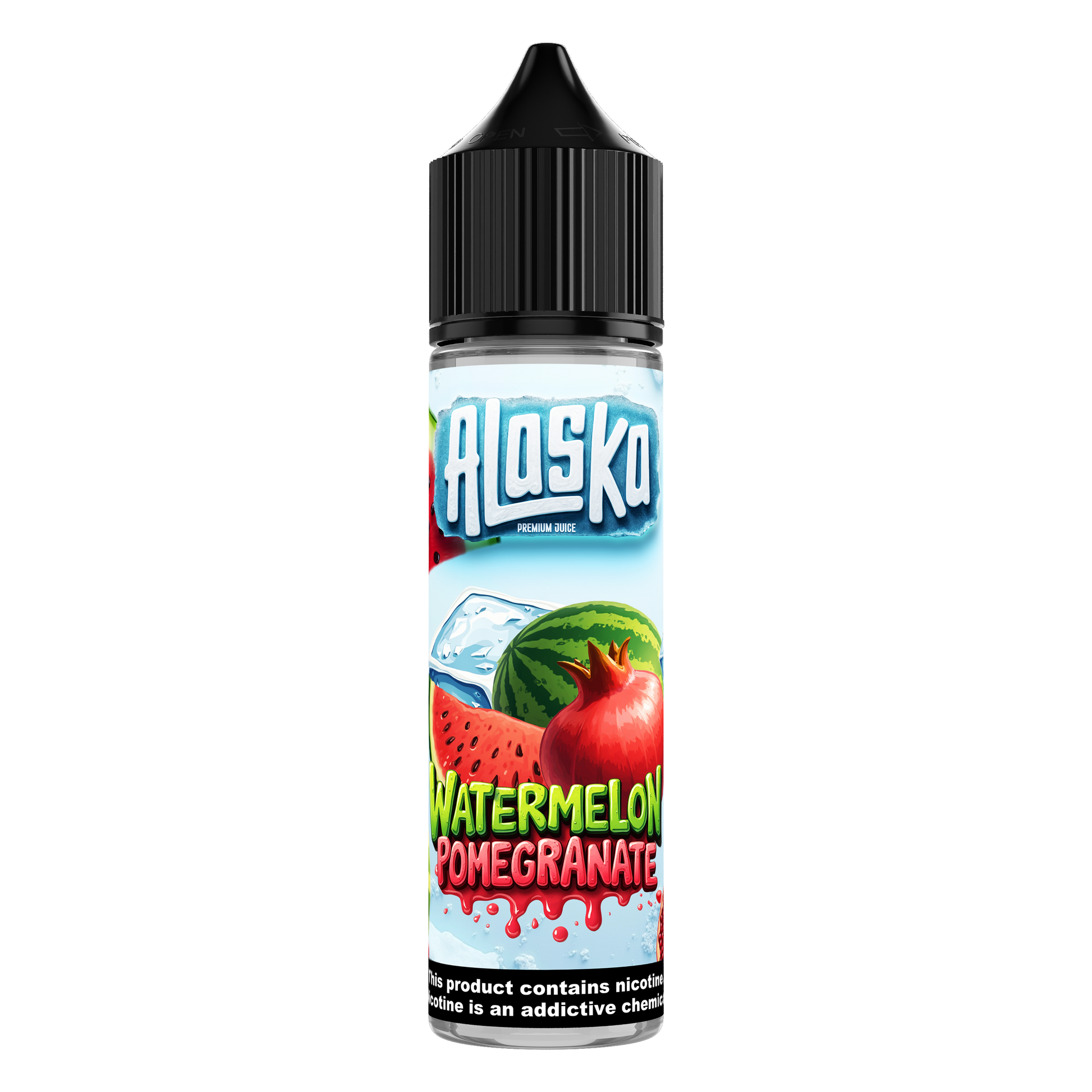 Alaska Watermelon Pomegranate E-Liquid bottle, 60ml, salt nicotine, vibrant fruit flavor, clear label with brand and product details