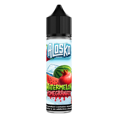 Alaska Watermelon Pomegranate E-Liquid bottle, 60ml, salt nicotine, vibrant fruit flavor, clear label with brand and product details