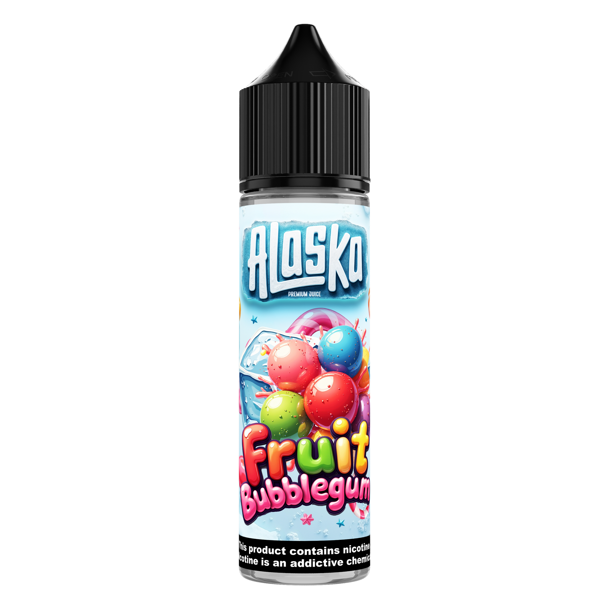 Alaska Fruit Bubblegum MTL e-liquid bottle with colorful label, 60ml size, for vaping flavored with fruity bubblegum taste