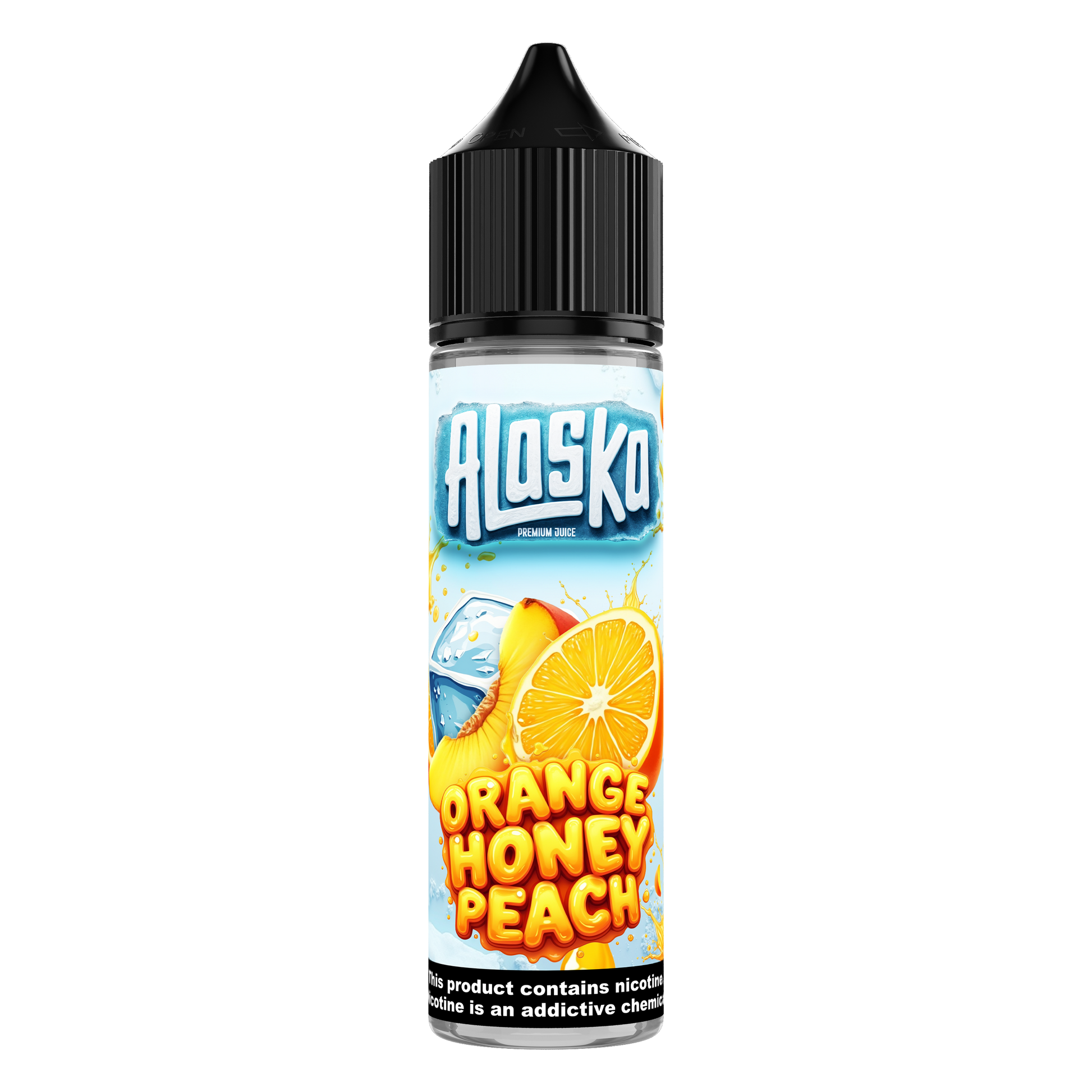Bottle of ALASKA Orange Honey Beach MTL e-liquid with orange and honey flavor, 60ml size, for vaping.