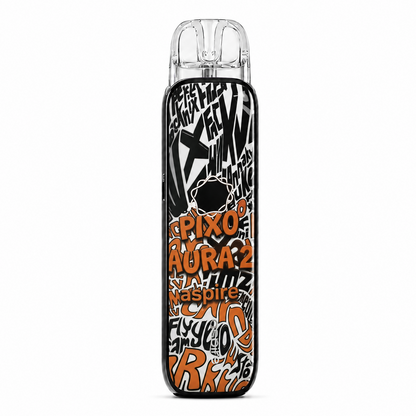 A Pixo Aura 2 vape device with a black and white graffiti-style graphic pattern and orange text, shown on a plain white background.