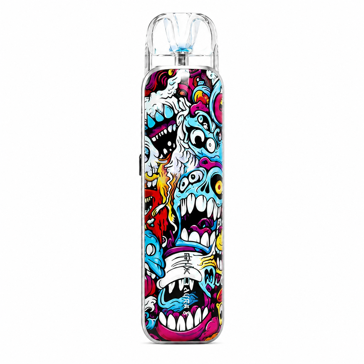 A clear disposable vape device featuring a vibrant, multicolored cartoon monster and skull graphic print on the body, shown against a plain white background.