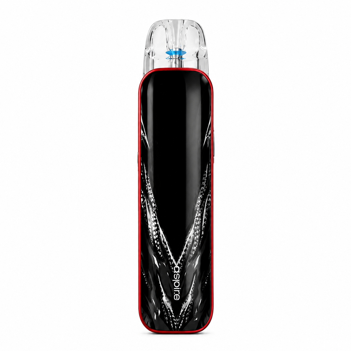A sleek black vape device with a red border and white abstract feather-like patterns, featuring a clear mouthpiece with a small blue accent, shown on a plain white background.