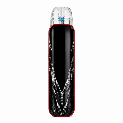 A sleek black vape device with a red border and white abstract feather-like patterns, featuring a clear mouthpiece with a small blue accent, shown on a plain white background.