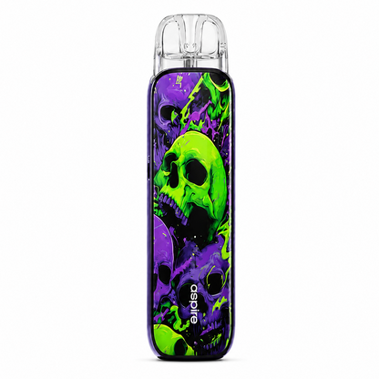 A clear vape device with a vibrant neon green and purple skull graphic design, shown on a solid white background.