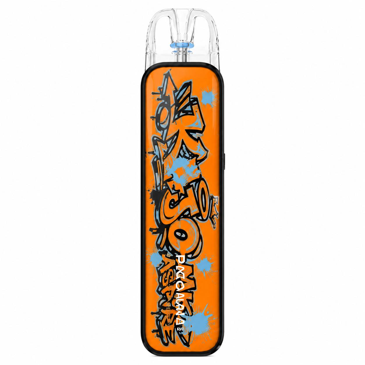 An orange vape device with a black border and a graffiti-style graphic design in black, white, and blue, shown against a plain white background.
