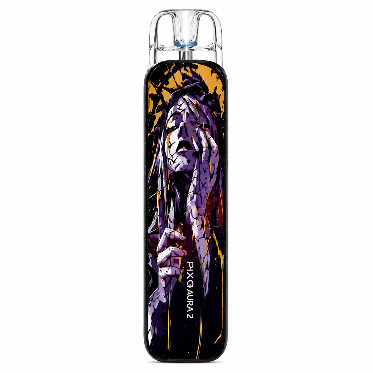 A slim rectangular vape device with a clear mouthpiece, featuring a graphic print of a distressed purple and orange character on a black background, with the text 'PIXA AURA 2' printed vertically.