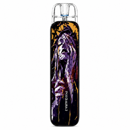 A slim rectangular vape device with a clear mouthpiece, featuring a graphic print of a distressed purple and orange character on a black background, with the text 'PIXA AURA 2' printed vertically.
