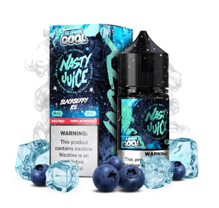 Nasty Juice Blueberry Ice e-liquid packaging with blueberries and ice cubes on a white background