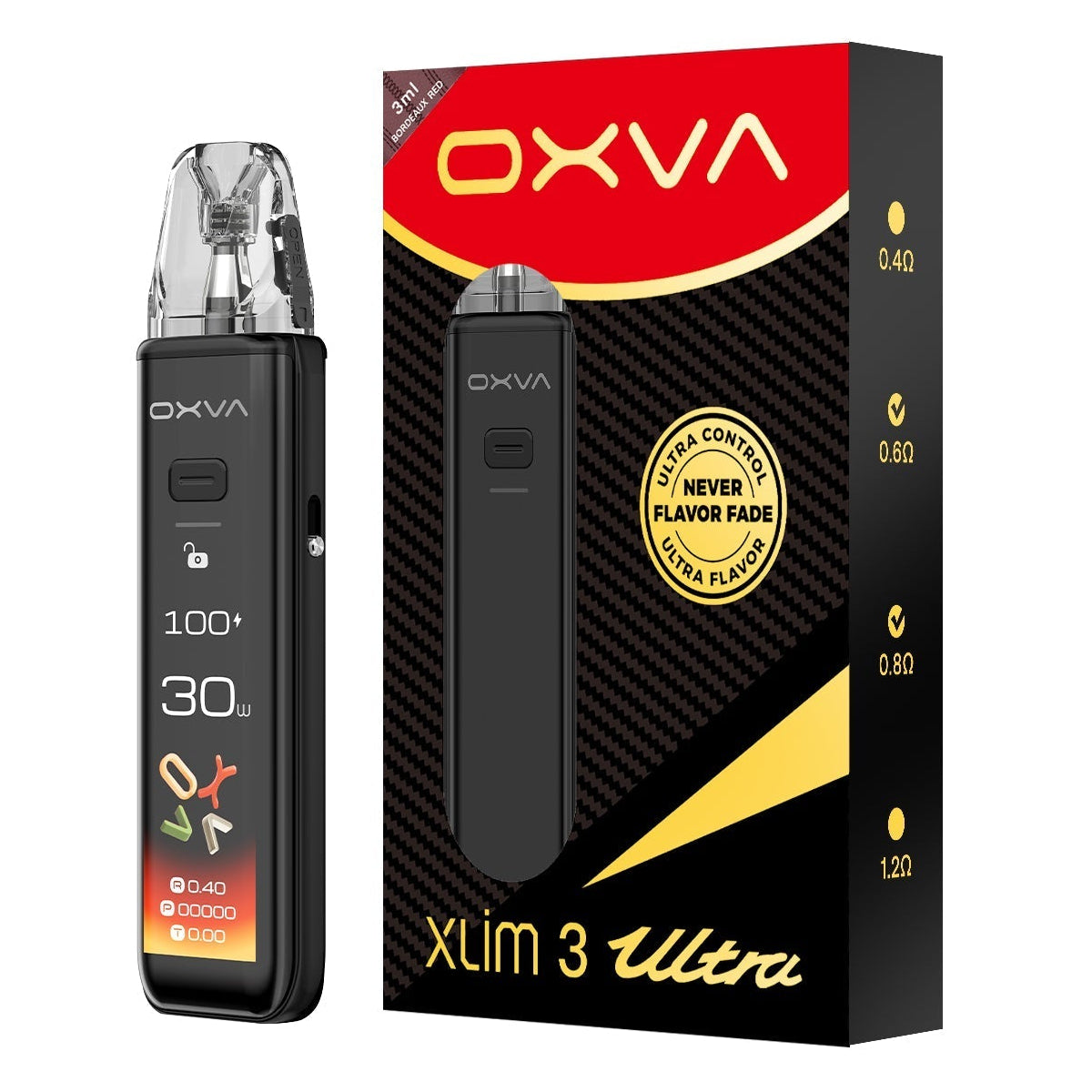 OXVA Xlim 3 Ultra vaping device and packaging on a white background