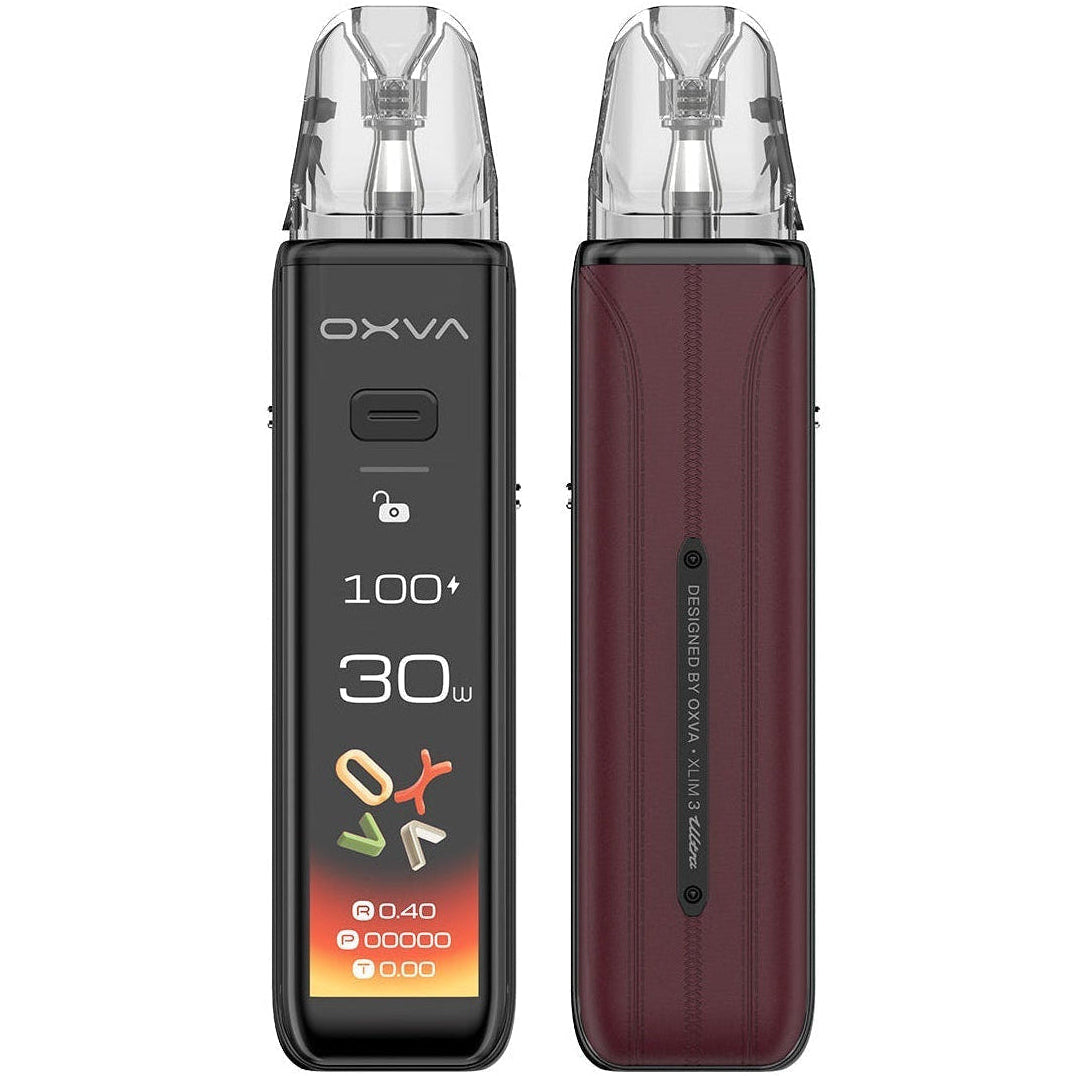 Two vape devices, one black and one maroon, with 'OXVA' branding on a white background.