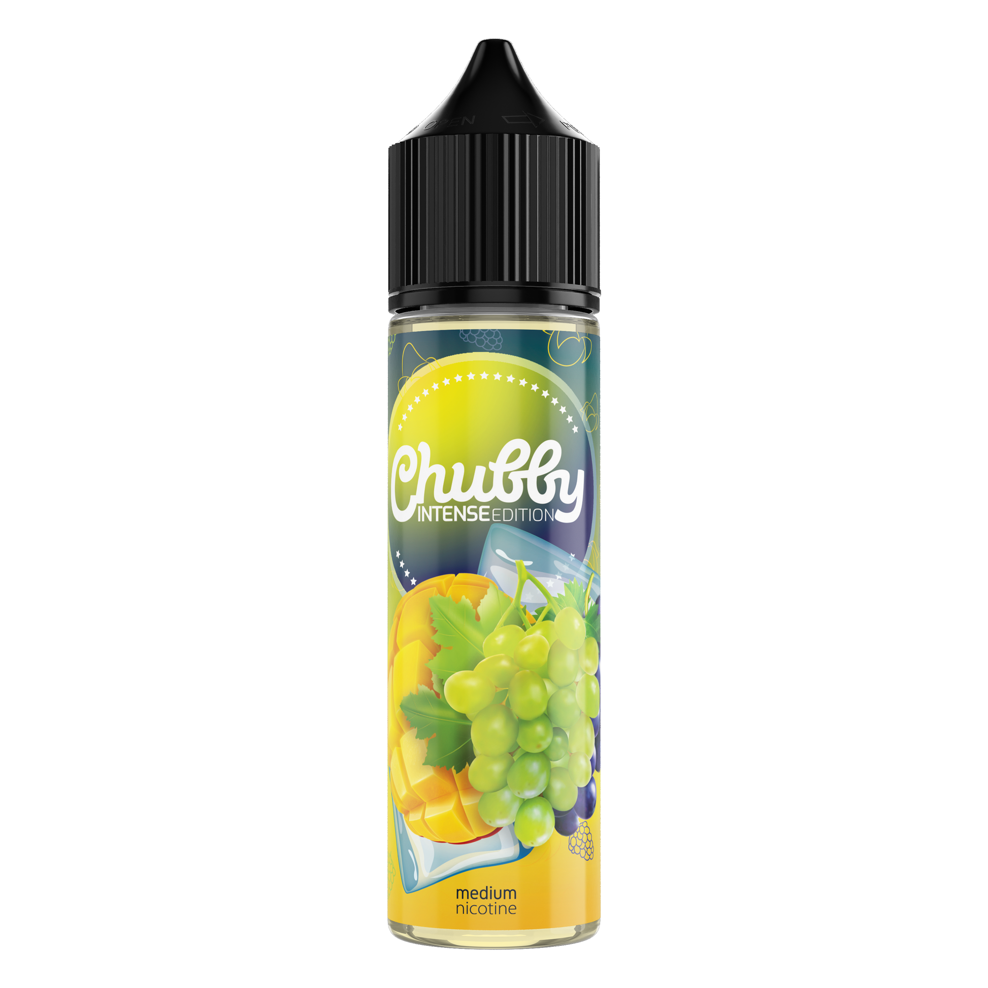 Chubby Mango Grape Ice e-liquid bottle, 60ml, with vibrant mango and grape flavors and icy menthol finish.